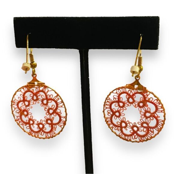 Lace Weaved Boho Circle Dangle Earrings - Picture 2 of 4